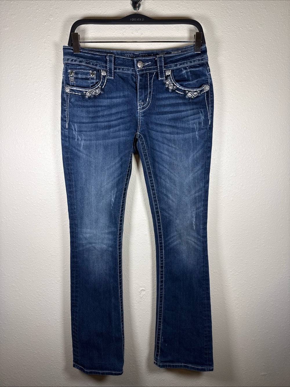 Miss Me Dark Wash Mid Rise Boot Cut Jeans Studs Embroidered Y2K 28
